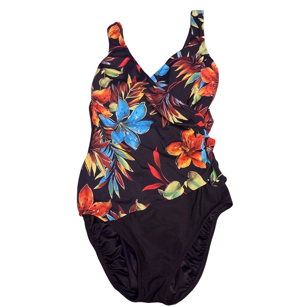 Croft & Barrow Tropical Floral One Piece Swimsuit Black Multicolor Size 12